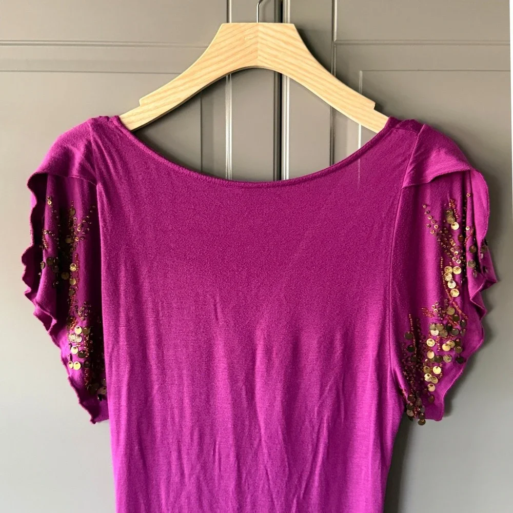 Free People Vintage Ruched Sequin Embellished‎ V-Neck Mini Dress, Purple Gold, M